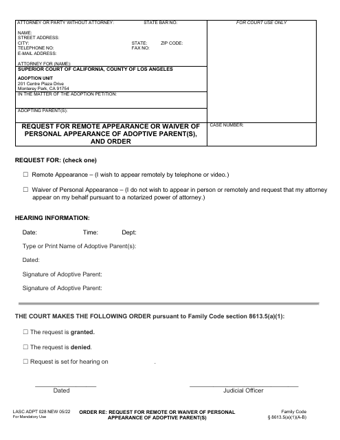 Form LASC ADPT028 Request for Remote Appearance or Waiver of Personal Appearance of Adoptive Parent(S), and Order - County of Los Angeles, California