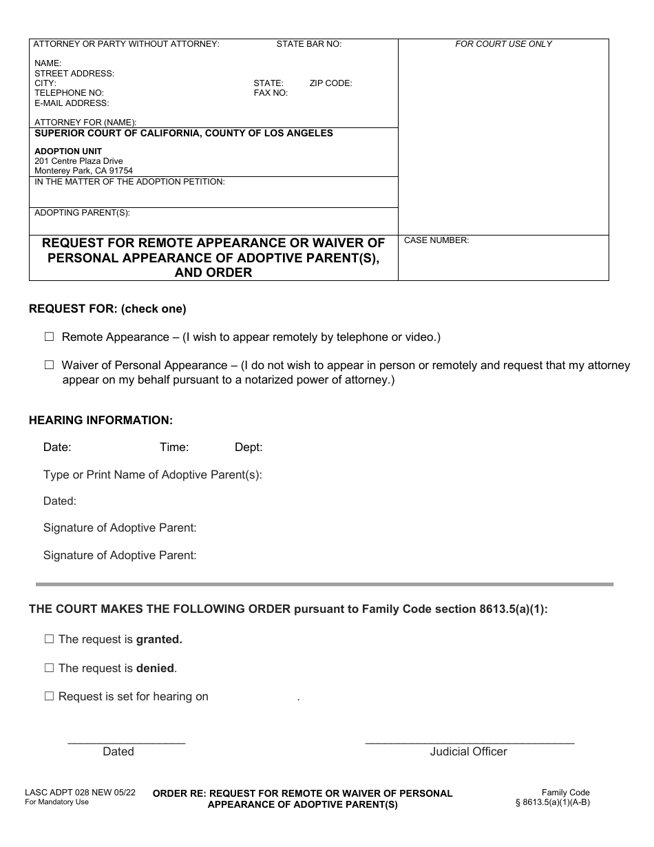 Form LASC ADPT028 Request for Remote Appearance or Waiver of Personal Appearance of Adoptive Parent(S), and Order - County of Los Angeles, California, Page 1