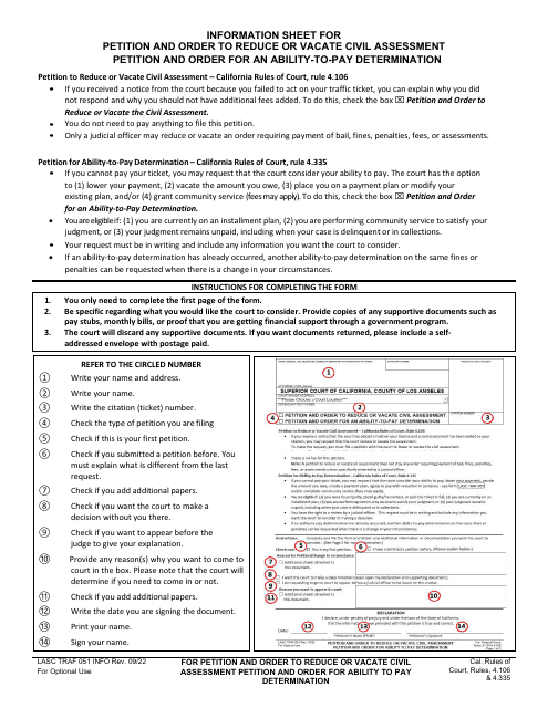 Instructions for Form LASC TRAF051 Petition & Order to Reduce or Vacate Civil Assessments or Ability to Pay Determination - County of Los Angeles, California