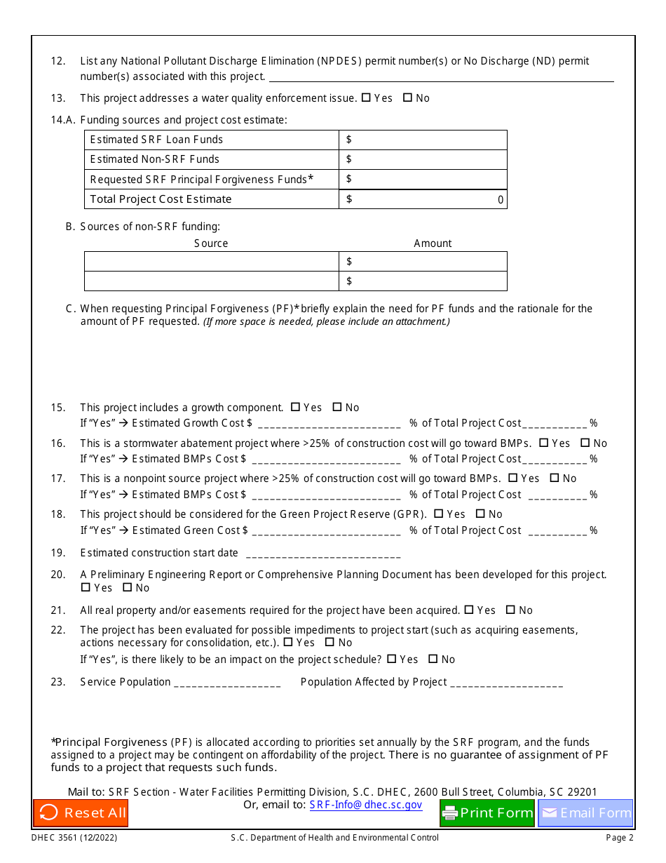 DHEC Form 3561 Clean Water State Revolving Fund Project Questionnaire - South Carolina, Page 2