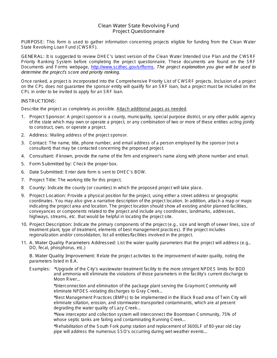 DHEC Form 3561 Clean Water State Revolving Fund Project Questionnaire - South Carolina, Page 3