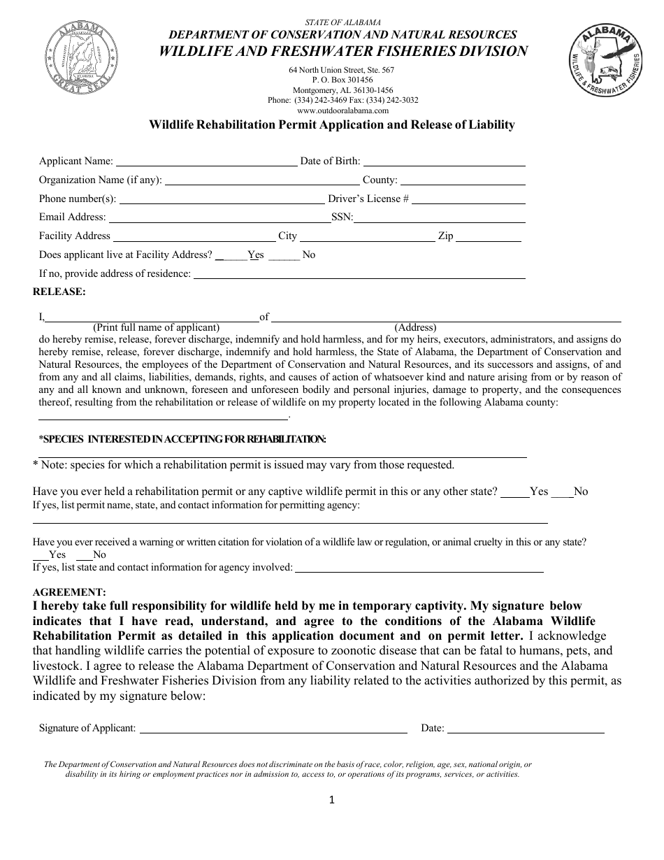 Wildlife Rehabilitation Permit Application and Release of Liability - Alabama, Page 1