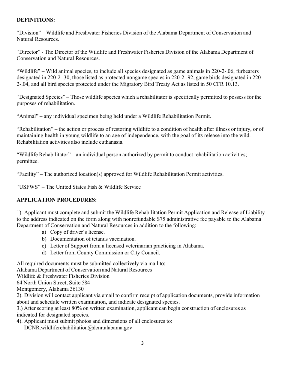 Wildlife Rehabilitation Permit Application and Release of Liability - Alabama, Page 3