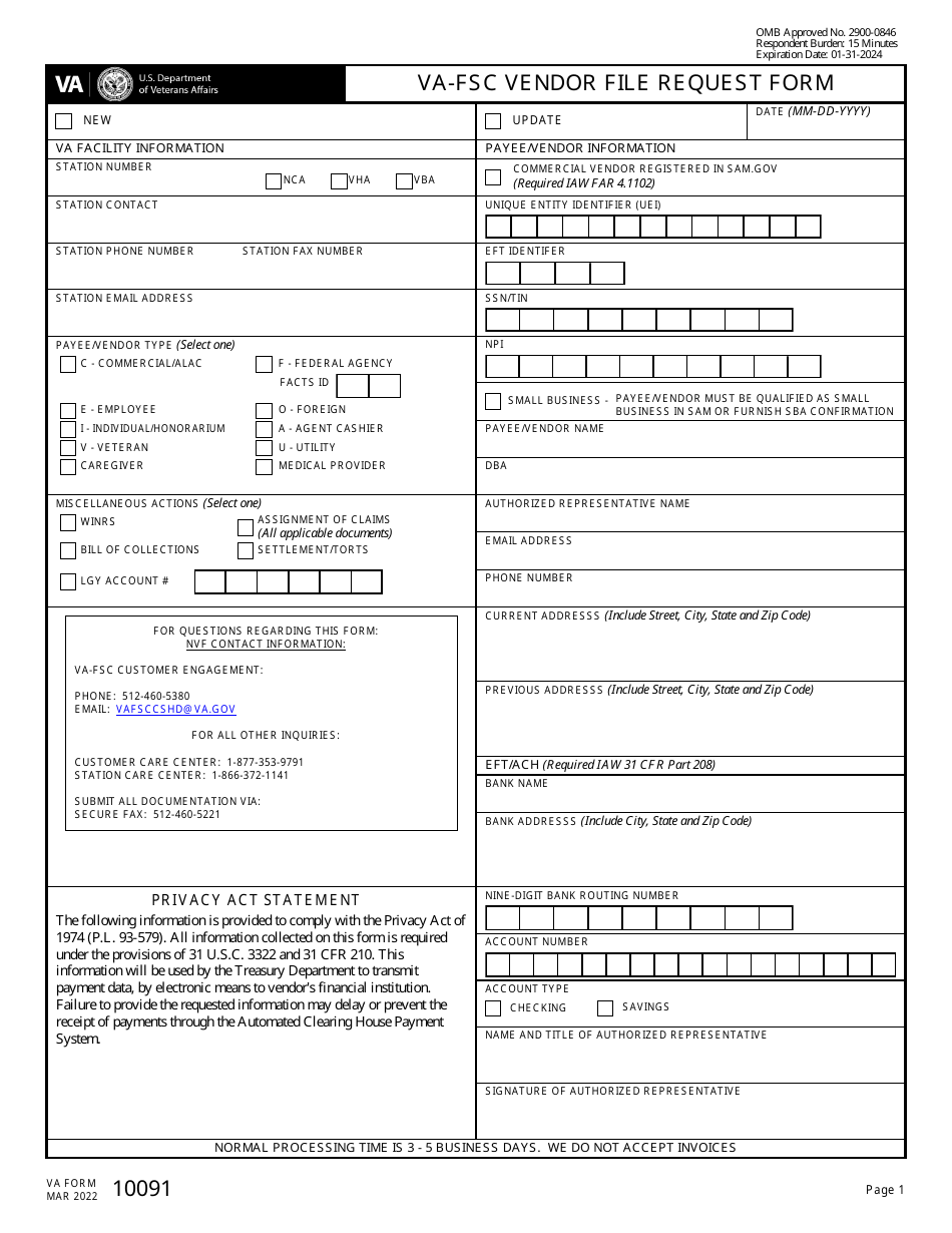 VA Form 10091 VA-FSC Vendor File Request Form, Page 1