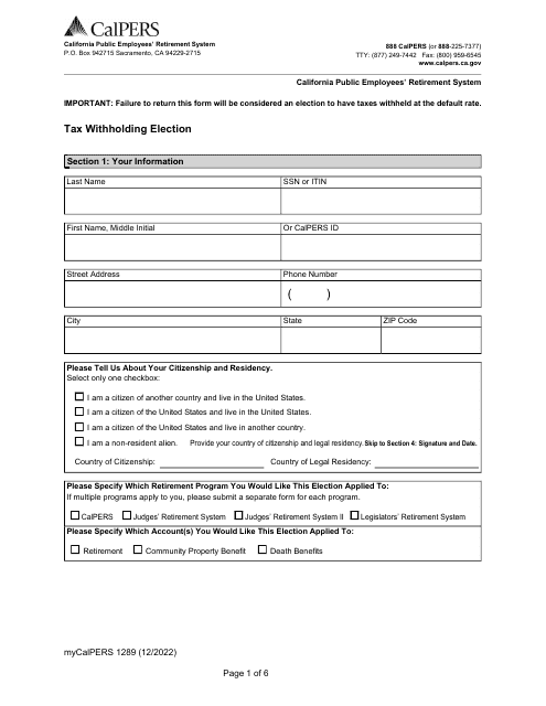 Form my|CalPERS1289 Tax Withholding Election - California