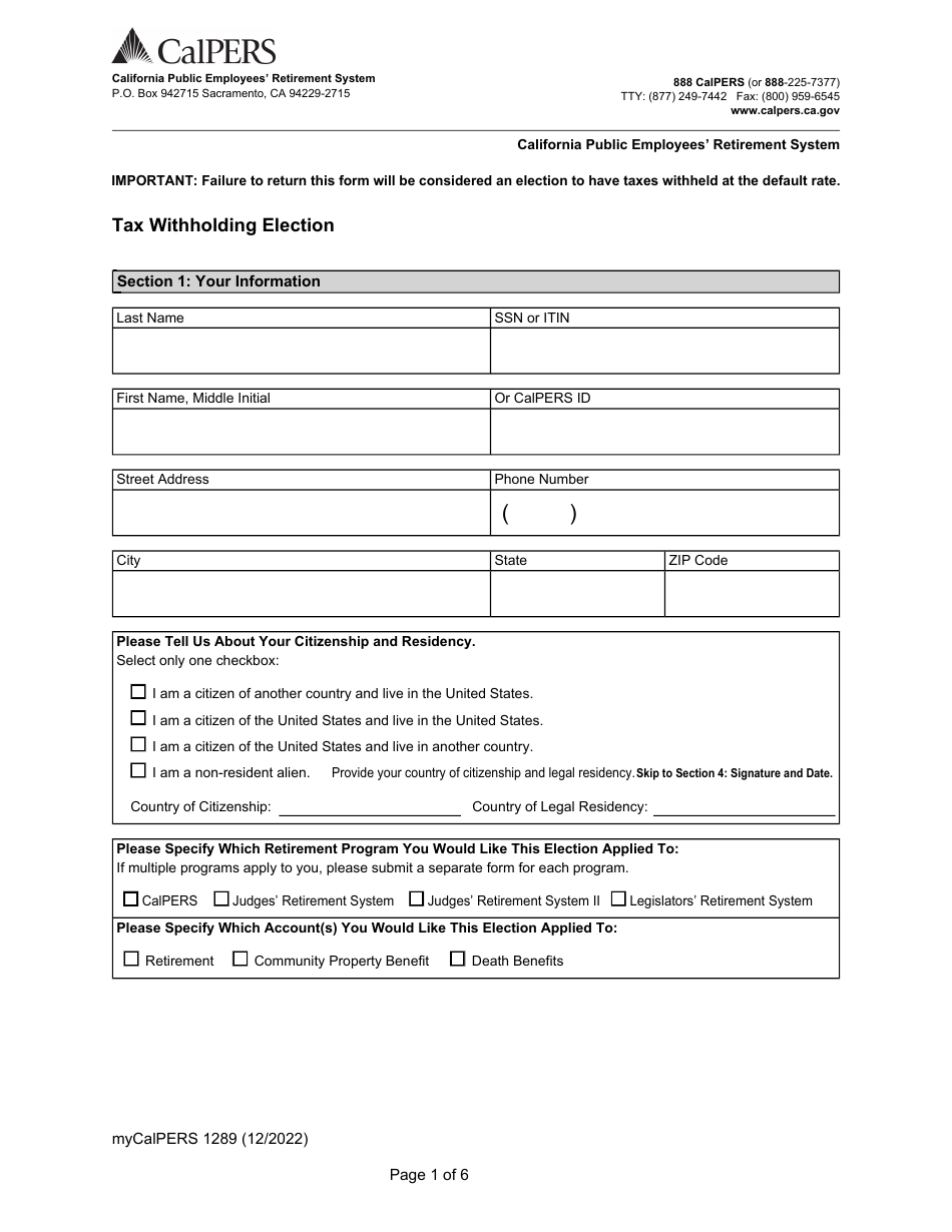 Form my|CalPERS1289 Tax Withholding Election - California, Page 1
