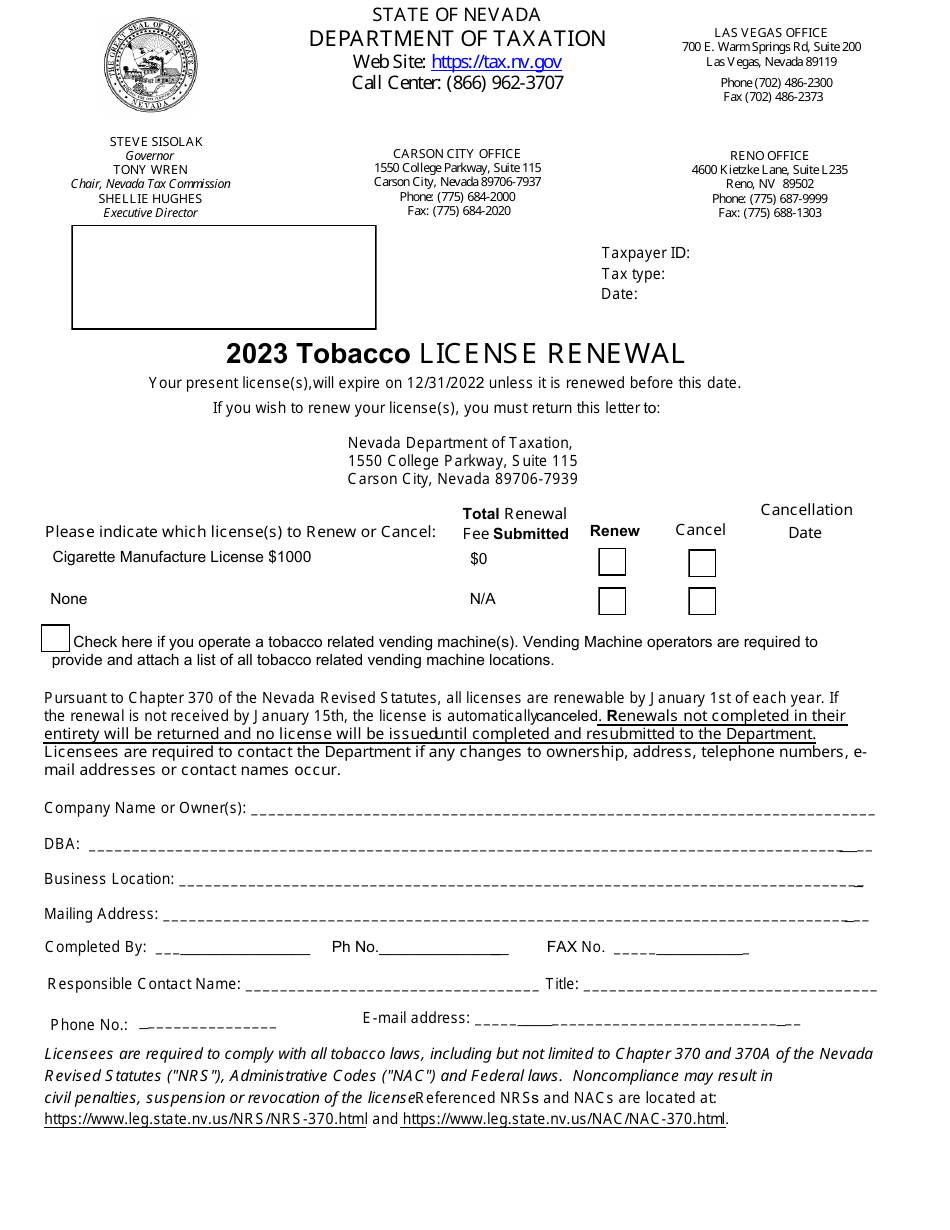2023 Nevada Tobacco License Renewal Fill Out, Sign Online and