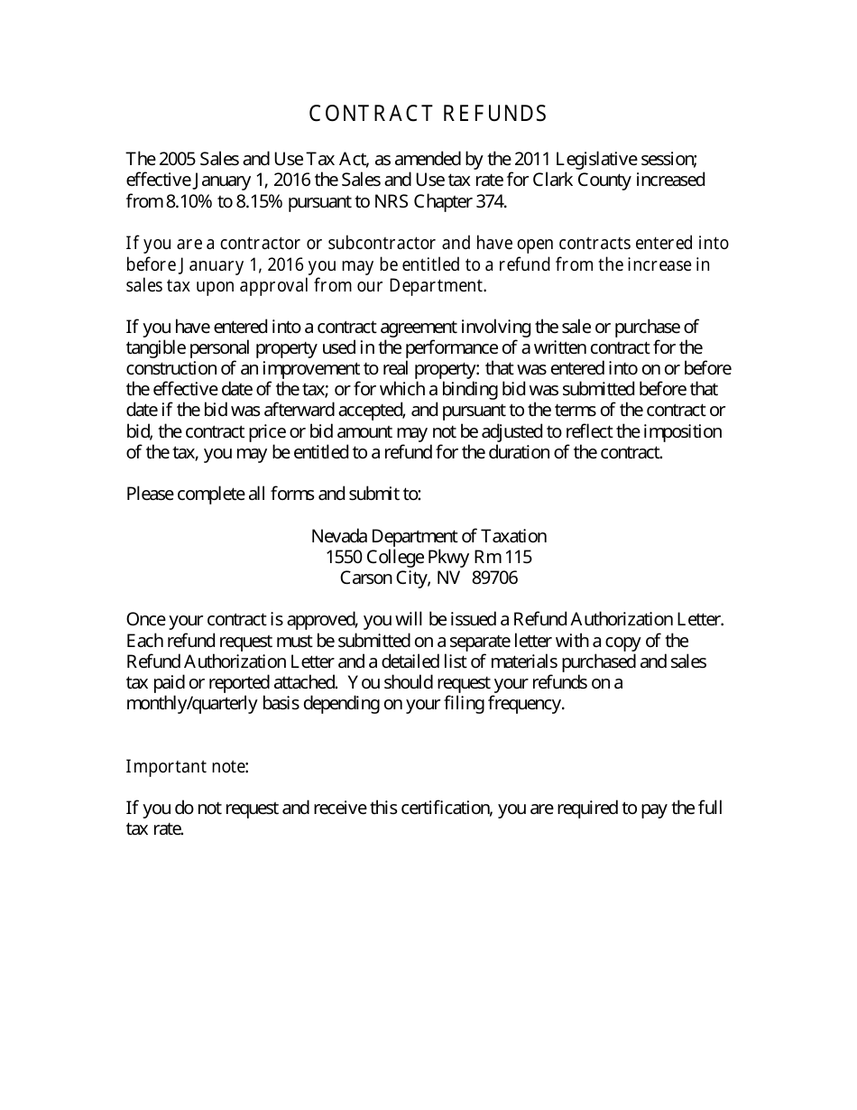 Application for a Contractor Refund (Before January 1, 2016) - Nevada, Page 1