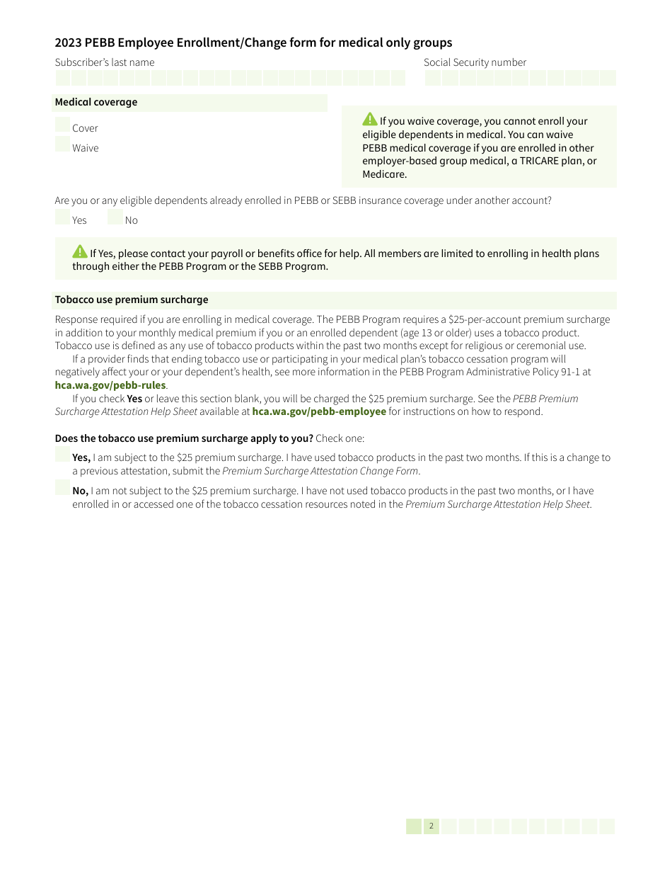 Form HCA52-0030 Pebb Employee Enrollment / Change Form for Medical Only Groups - Washington, Page 2