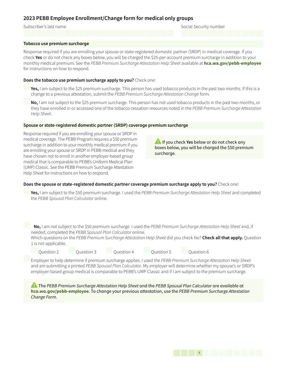 Form HCA52-0030 Pebb Employee Enrollment / Change Form for Medical Only Groups - Washington, Page 4