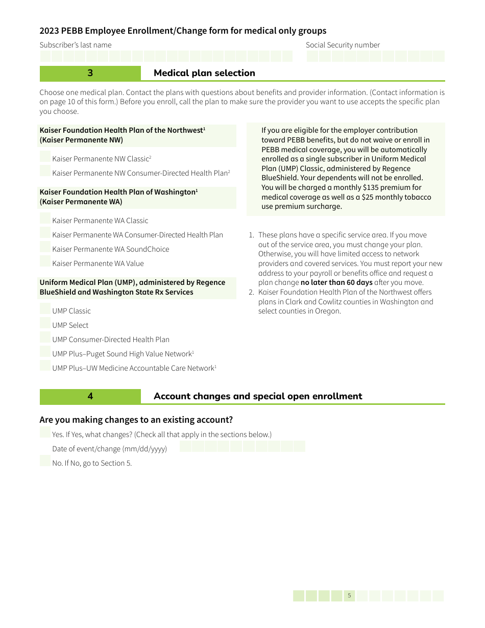 Form HCA52-0030 Pebb Employee Enrollment / Change Form for Medical Only Groups - Washington, Page 5