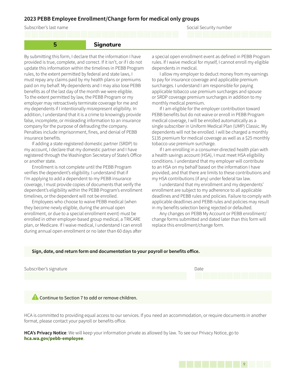 Form HCA52-0030 Pebb Employee Enrollment / Change Form for Medical Only Groups - Washington, Page 9