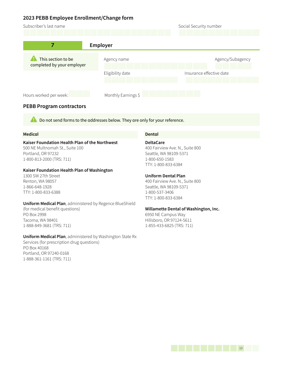 Form HCA50-0400 Pebb Employee Enrollment / Change Form - Washington, Page 10