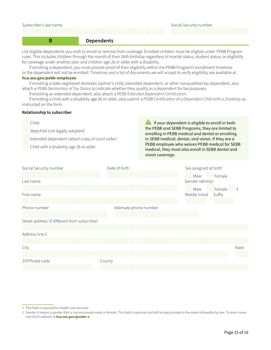 Form HCA50-0400 Pebb Employee Enrollment / Change Form - Washington, Page 15