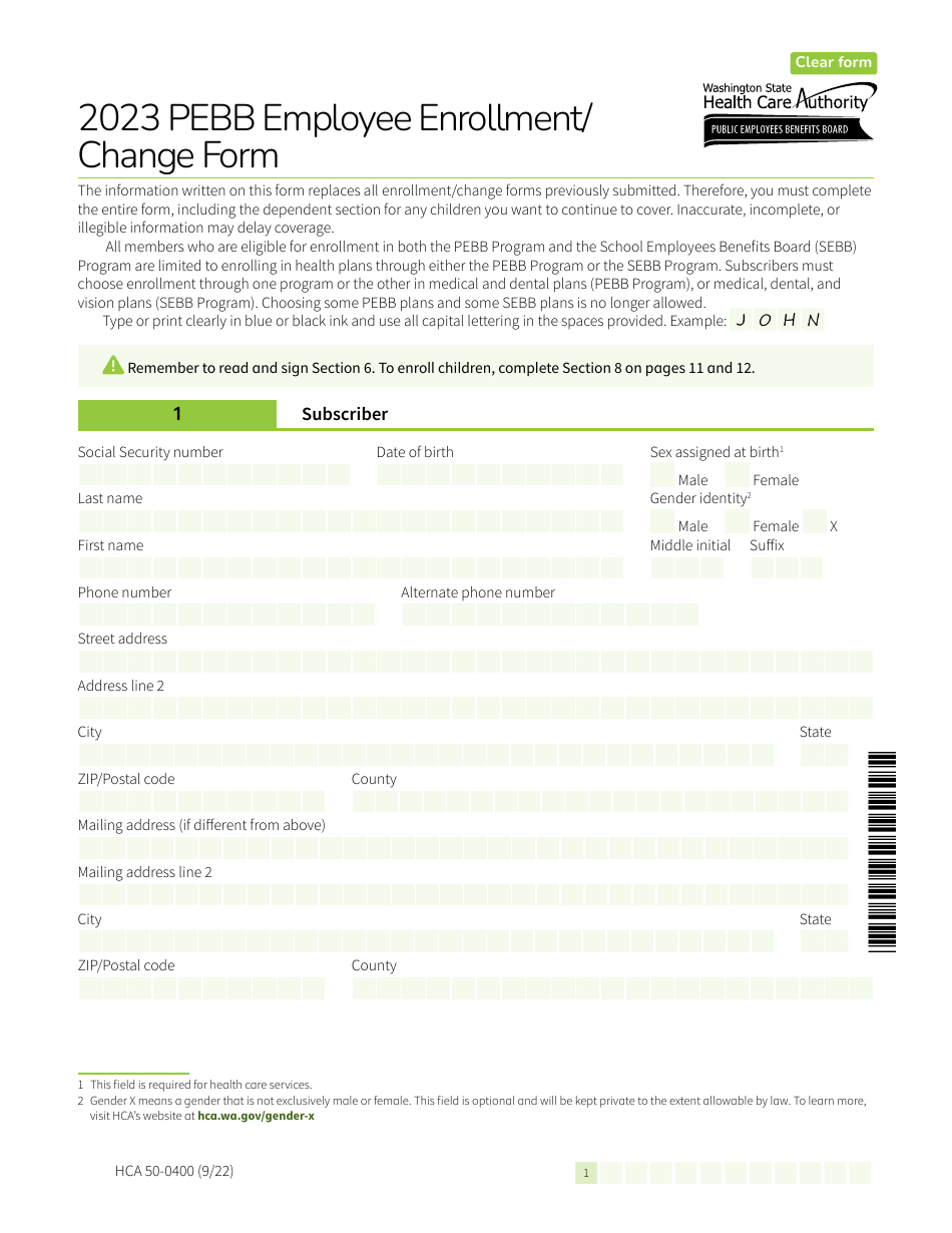 Form HCA50-0400 Pebb Employee Enrollment / Change Form - Washington, Page 1