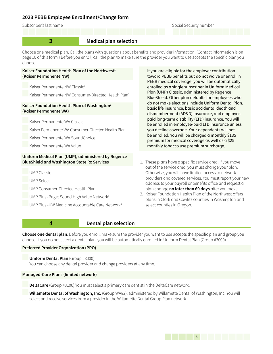 Form HCA50-0400 Pebb Employee Enrollment / Change Form - Washington, Page 5