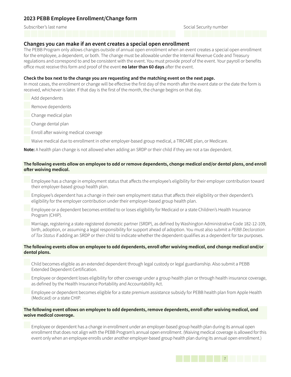 Form HCA50-0400 Pebb Employee Enrollment / Change Form - Washington, Page 7