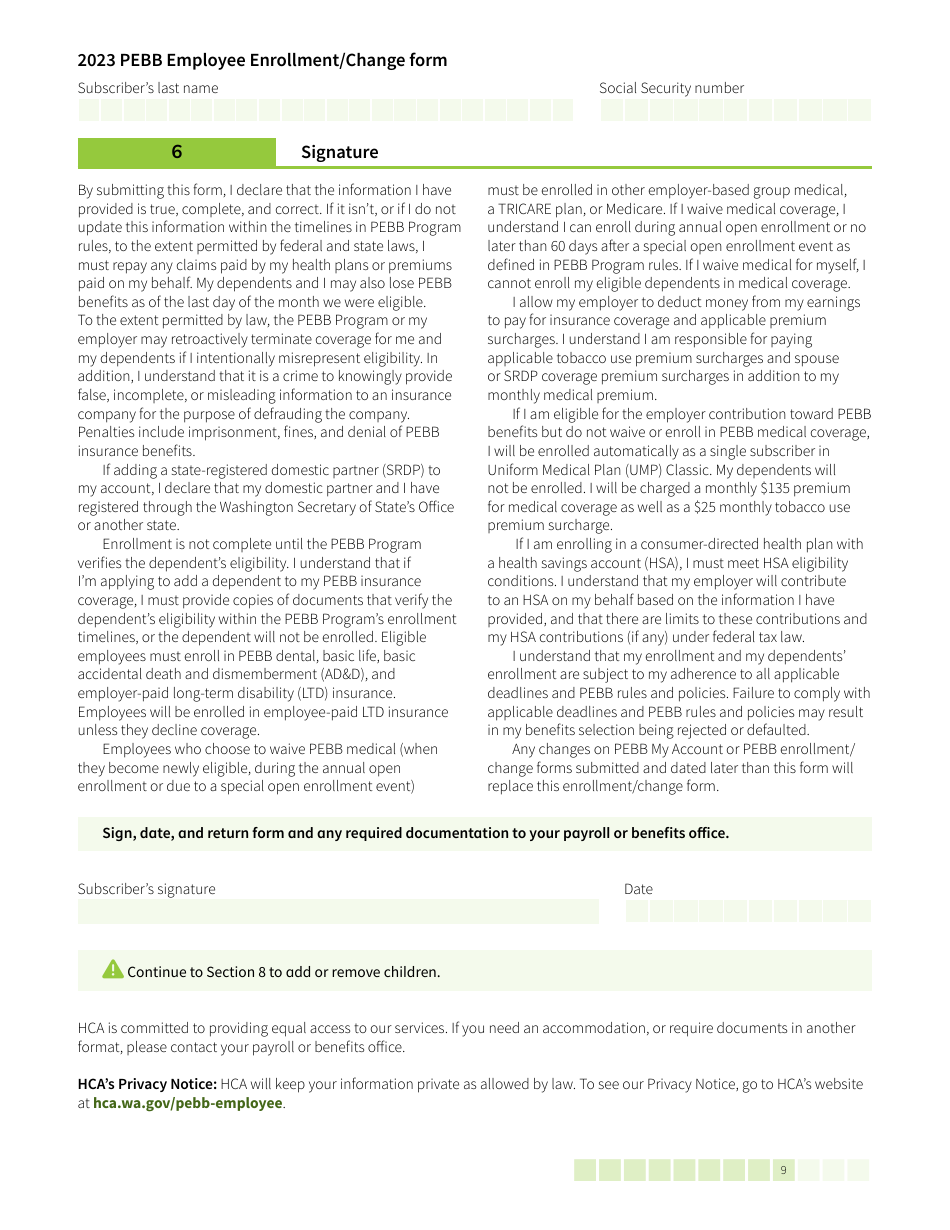 Form HCA50-0400 Pebb Employee Enrollment / Change Form - Washington, Page 9