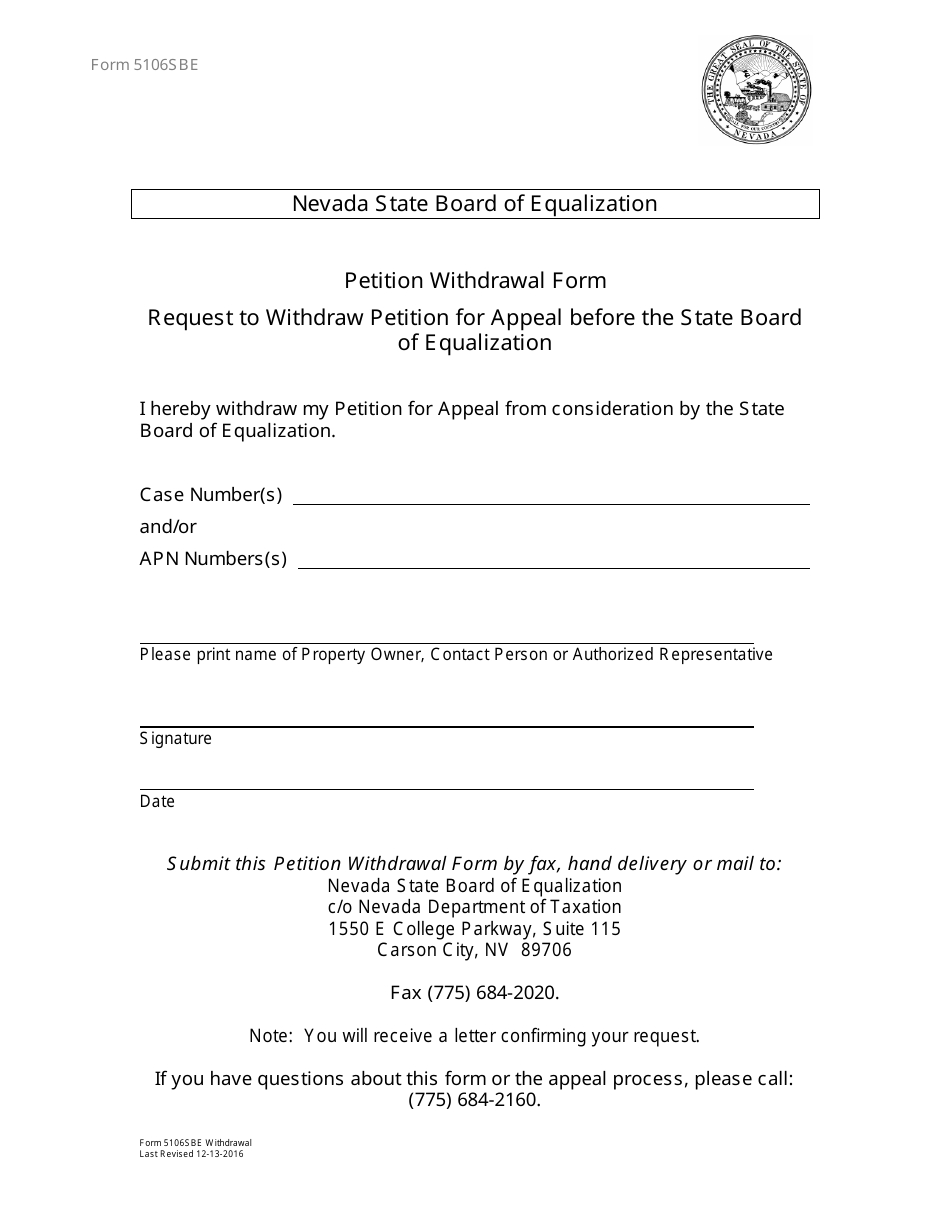 Form 5106SBE Request to Withdraw Petition for Appeal Before the State Board of Equalization - Nevada, Page 1
