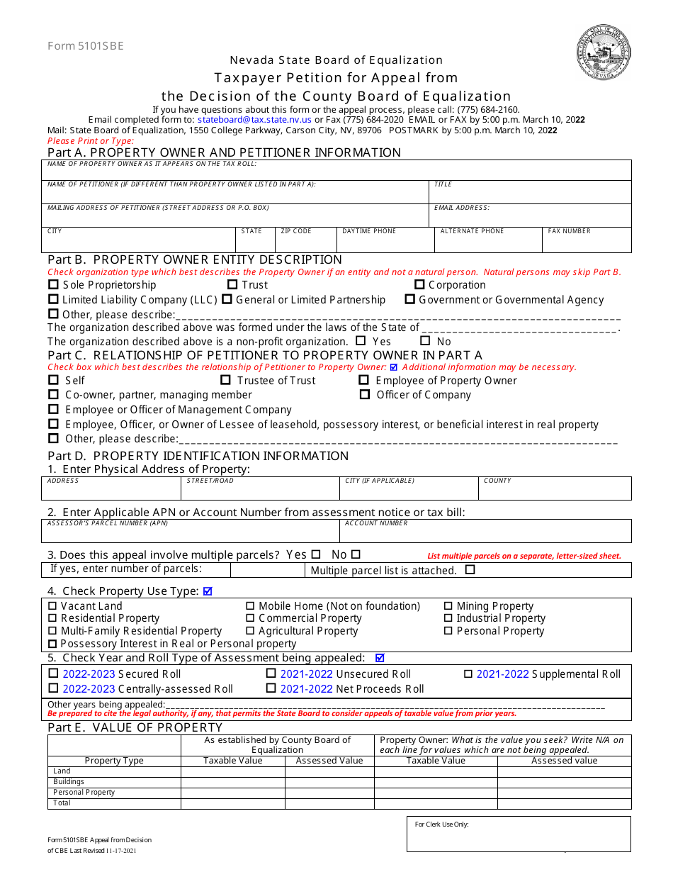 Form 5101SBE Taxpayer Petition for Appeal From the Decision of the County Board of Equalization - Nevada, Page 1