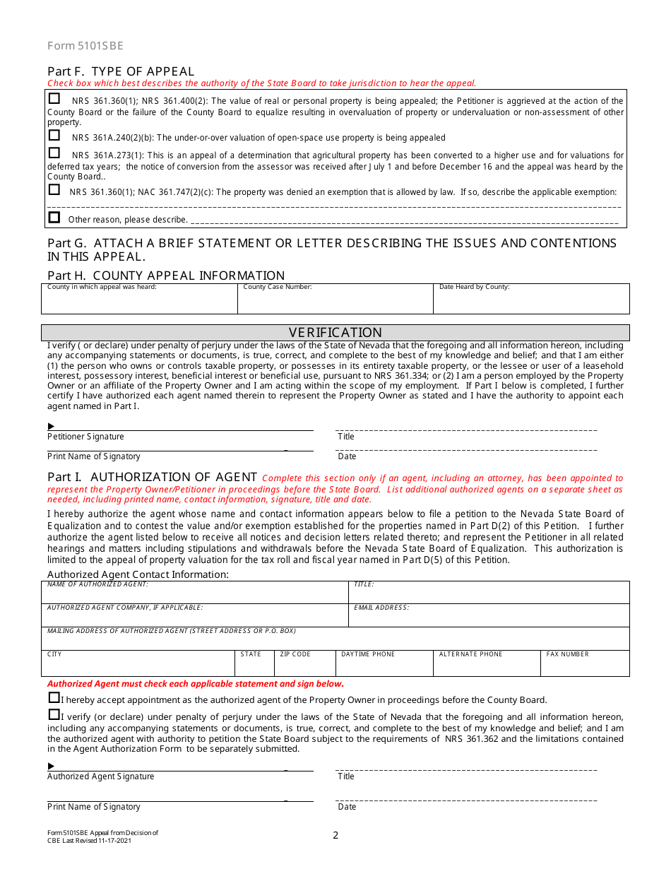Form 5101SBE Taxpayer Petition for Appeal From the Decision of the County Board of Equalization - Nevada, Page 2