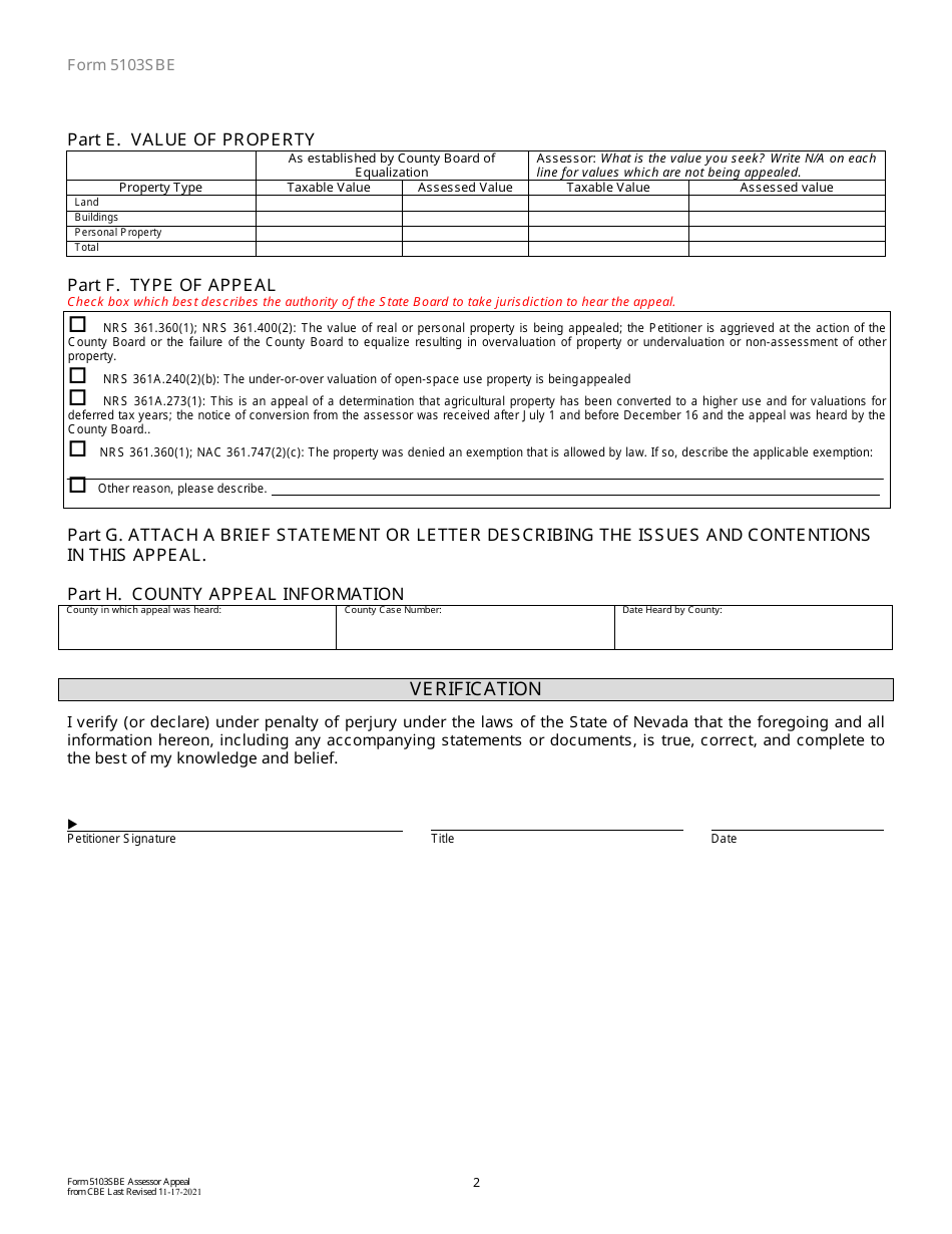 Form 5103SBE Assessor Petition for Appeal From the Decision of the County Board of Equalization - Nevada, Page 2