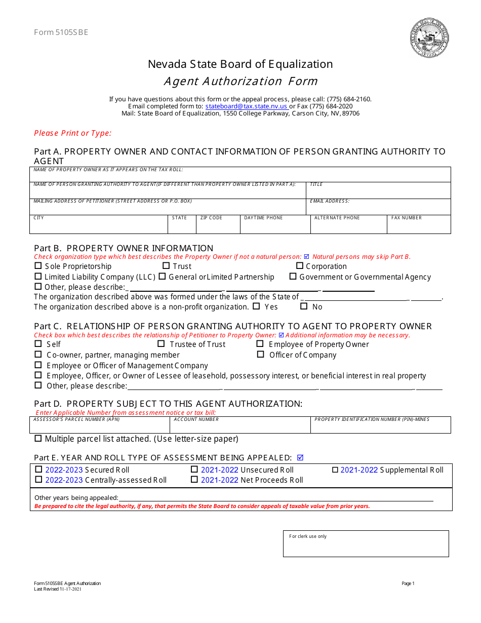 Form 5105SBE Agent Authorization Form - Nevada, Page 1