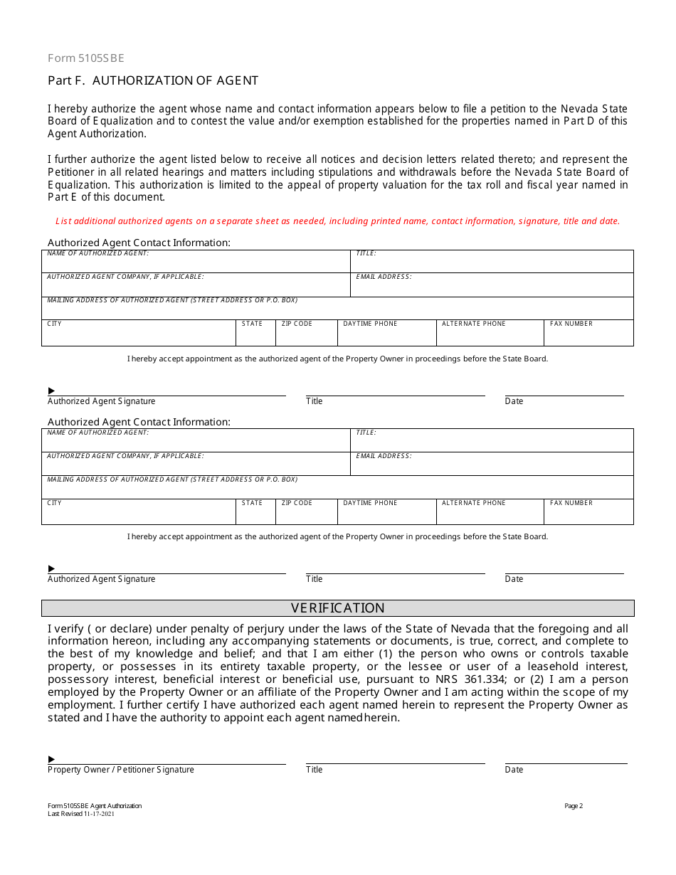 Form 5105SBE Agent Authorization Form - Nevada, Page 2
