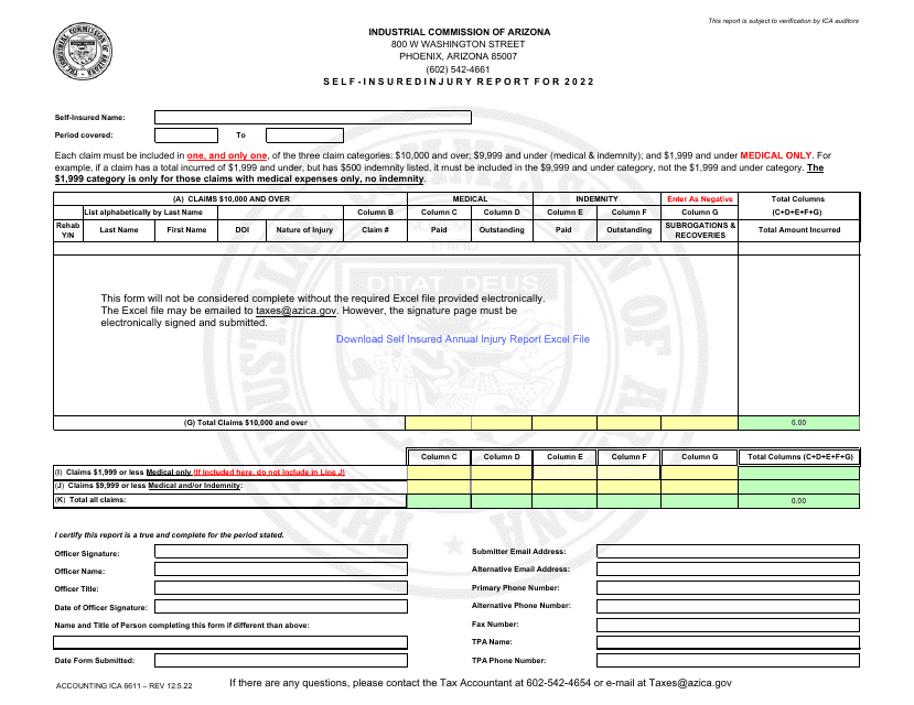 Form Accounting ICA6611 Self-insured Injury Report - Arizona, 2022