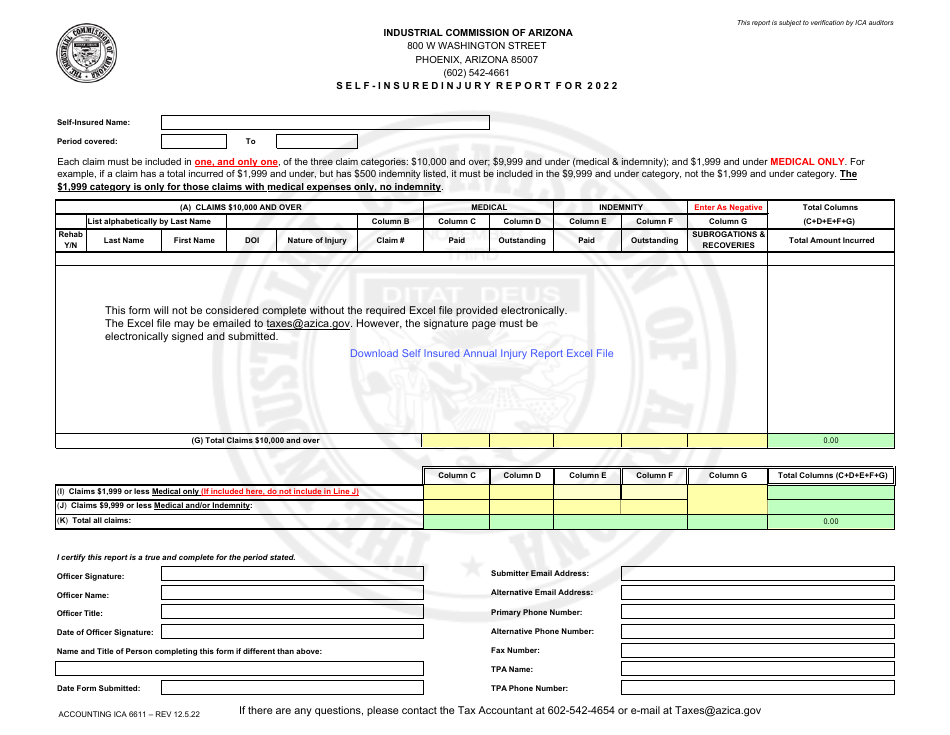 Form Accounting ICA6611 Self-insured Injury Report - Arizona, Page 1