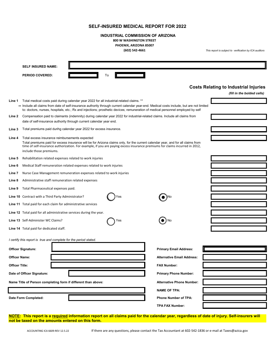 Form Accounting ICA6609 Self-insured Medical Report - Arizona, Page 1