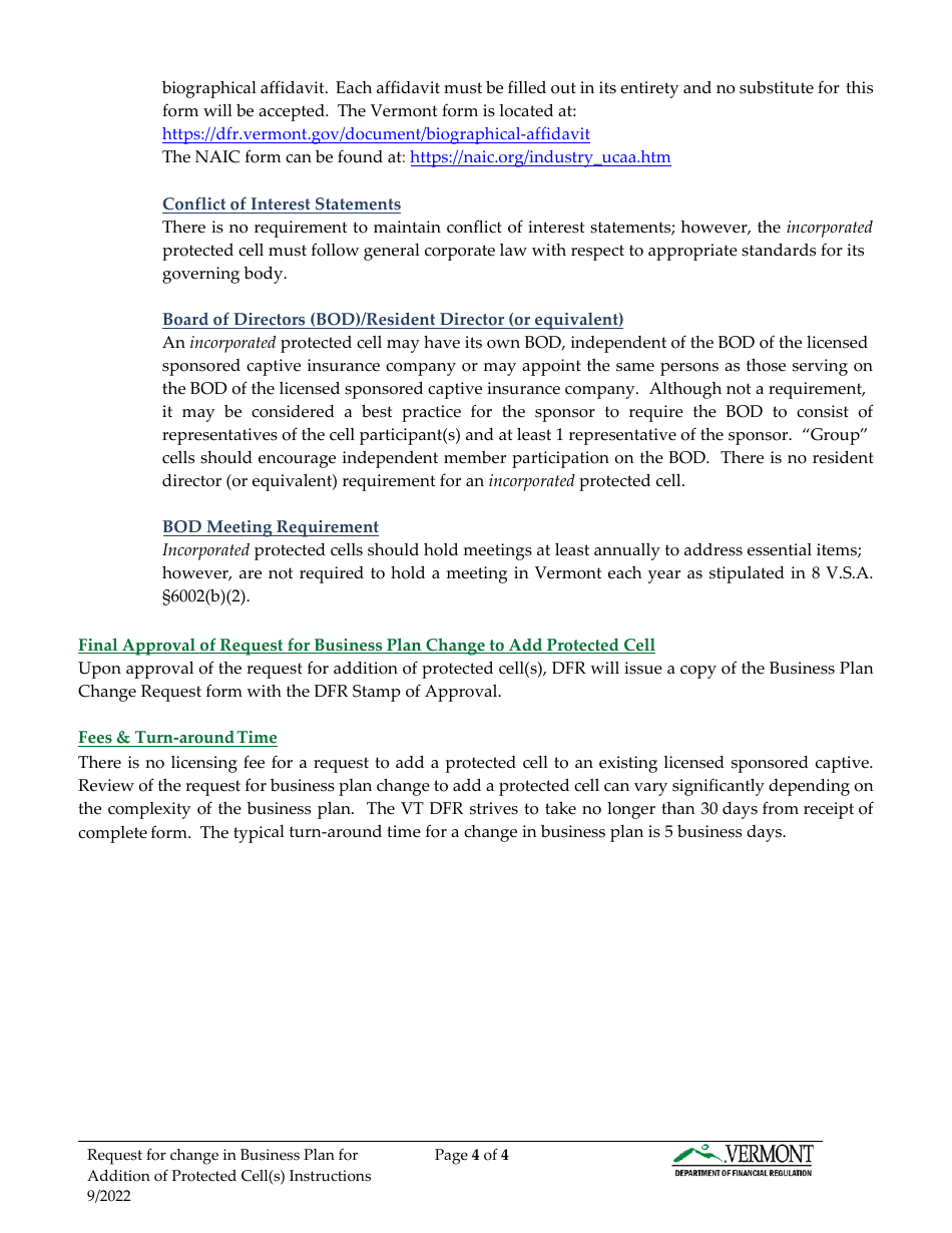 Request for Change in Business Plan for Addition of Protected Cell(S) - Vermont, Page 4