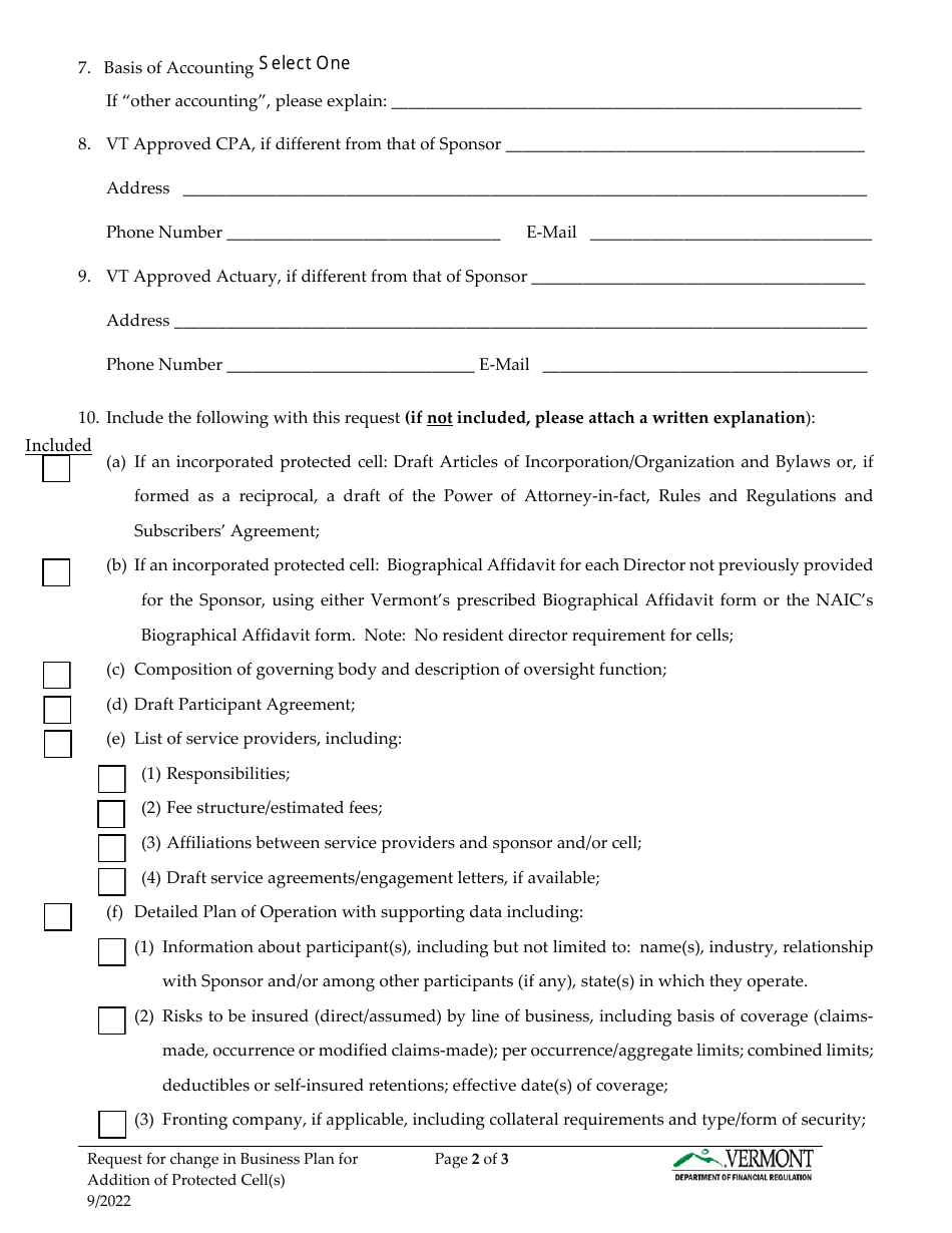 Request for Change in Business Plan for Addition of Protected Cell(S) - Vermont, Page 6