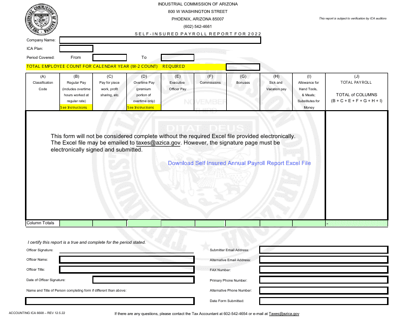 Form Accounting ICA6608 Self-insured Payroll Report - Arizona, 2022