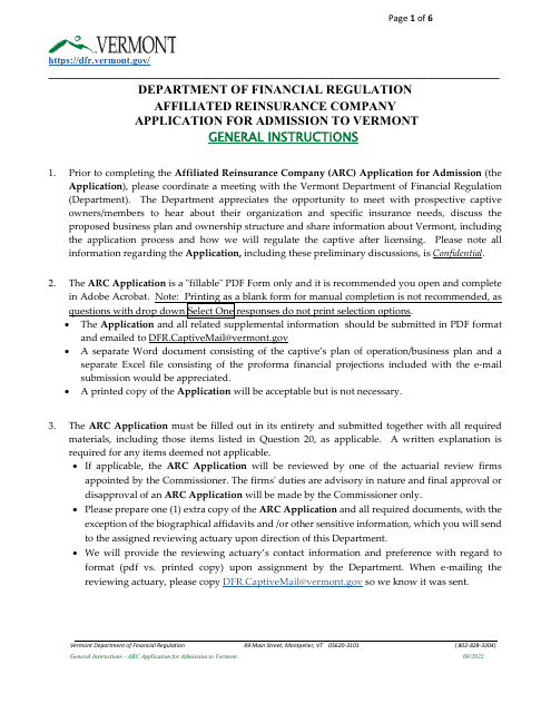 Affiliated Reinsurance Company ("ARC") Application for Admission to Vermont - Vermont Download Pdf