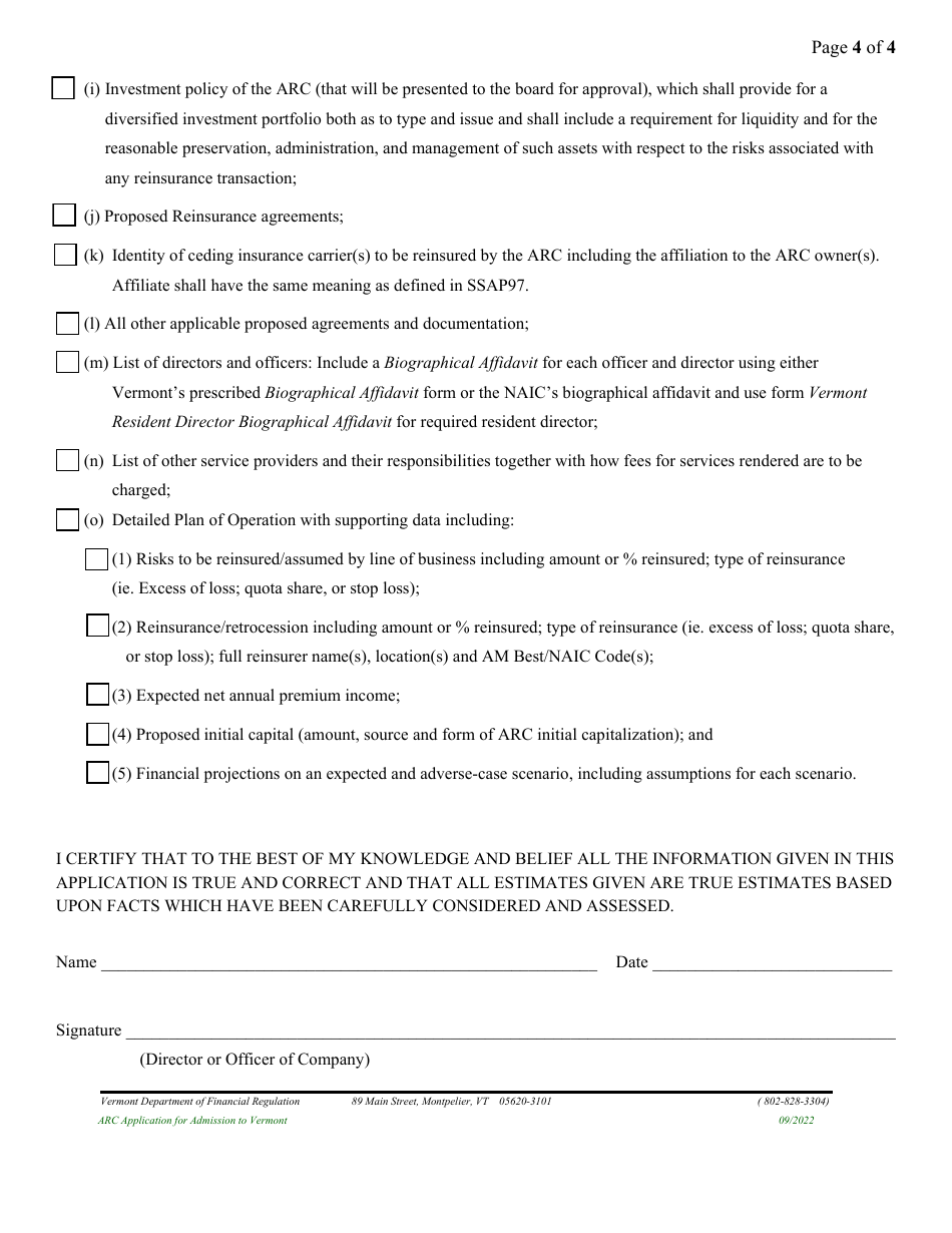 Affiliated Reinsurance Company (ARC) Application for Admission to Vermont - Vermont, Page 10