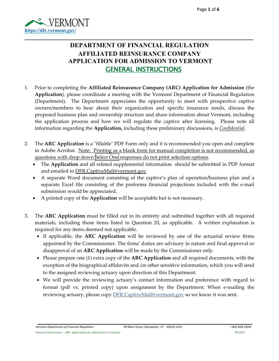 Affiliated Reinsurance Company (ARC) Application for Admission to Vermont - Vermont, Page 1