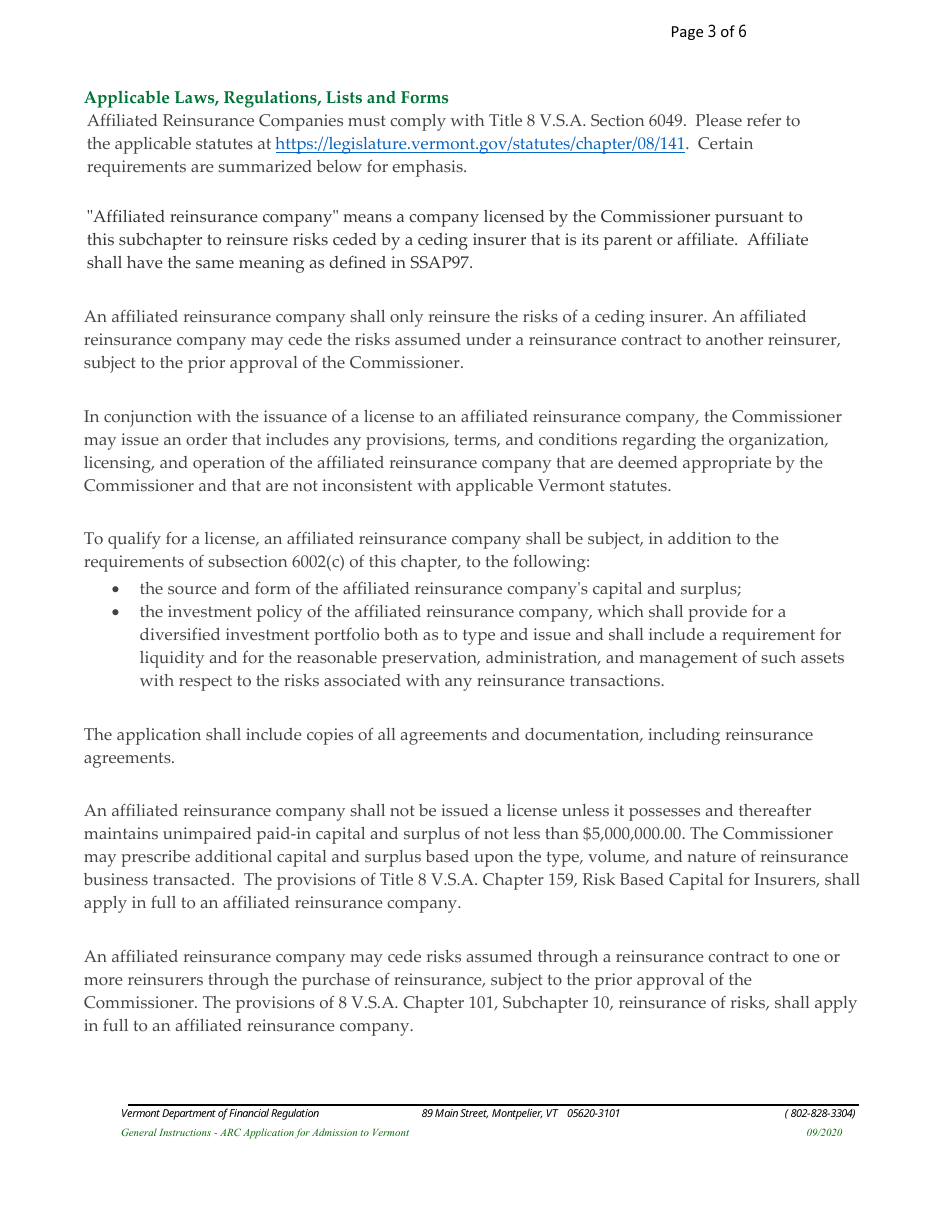 Affiliated Reinsurance Company (ARC) Application for Admission to Vermont - Vermont, Page 3