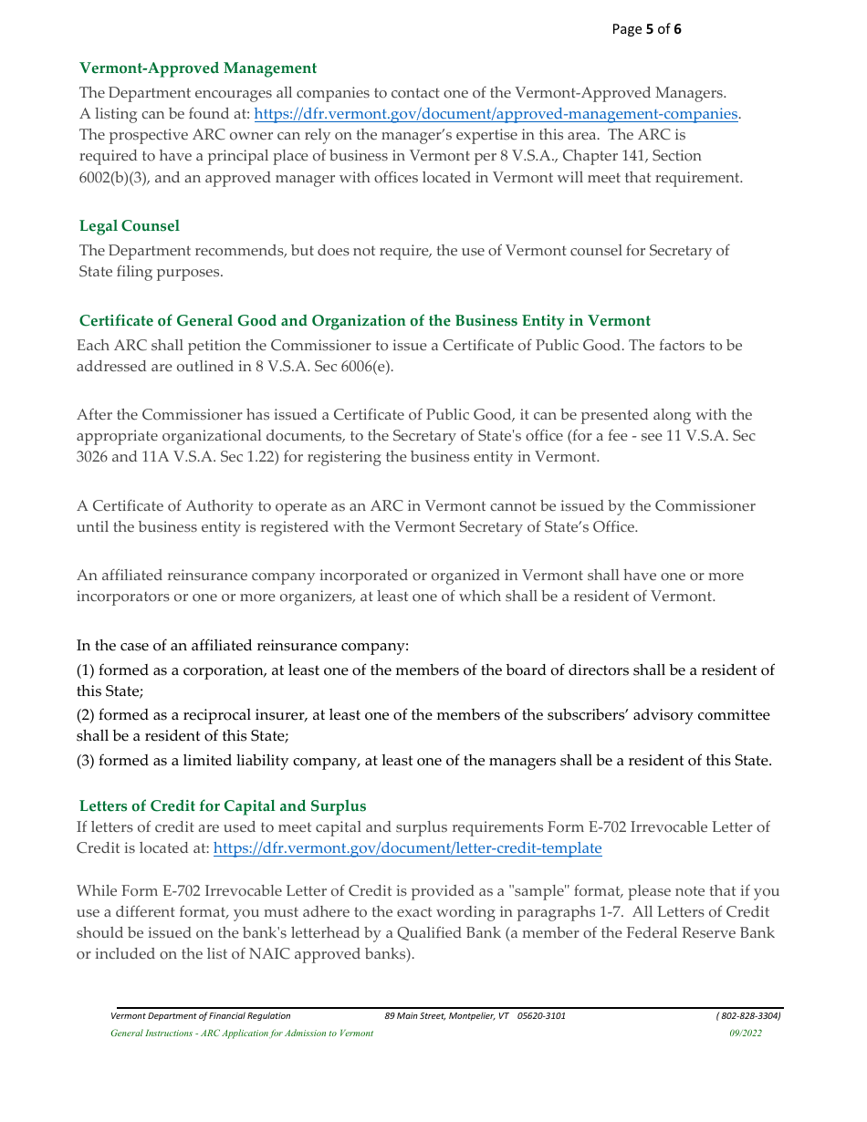 Affiliated Reinsurance Company (ARC) Application for Admission to Vermont - Vermont, Page 5