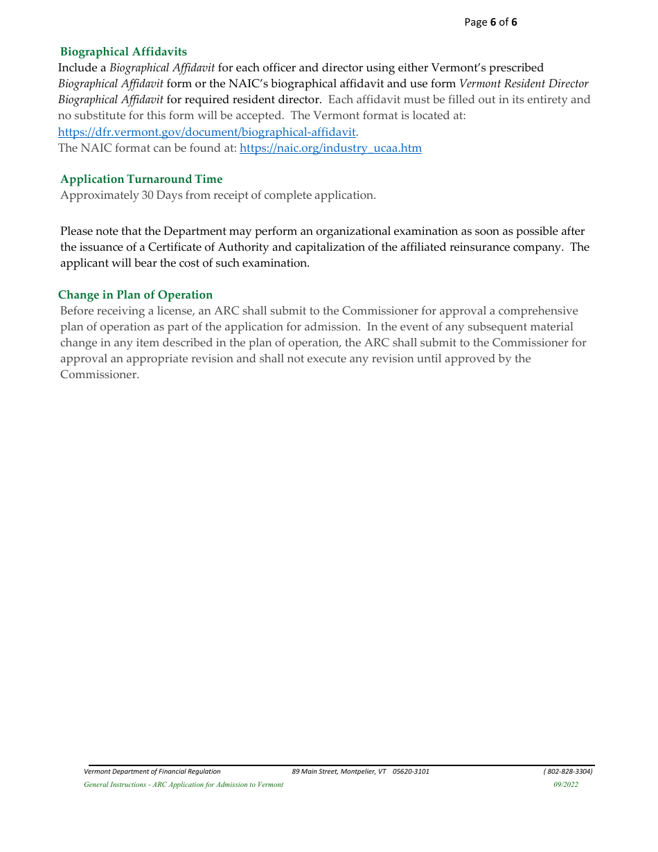 Affiliated Reinsurance Company (ARC) Application for Admission to Vermont - Vermont, Page 6