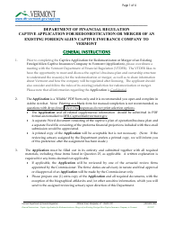 Document preview: Captive Application for Redomestication or Merger of an Existing Foreign/Alien Captive Insurance Company to Vermont - Vermont