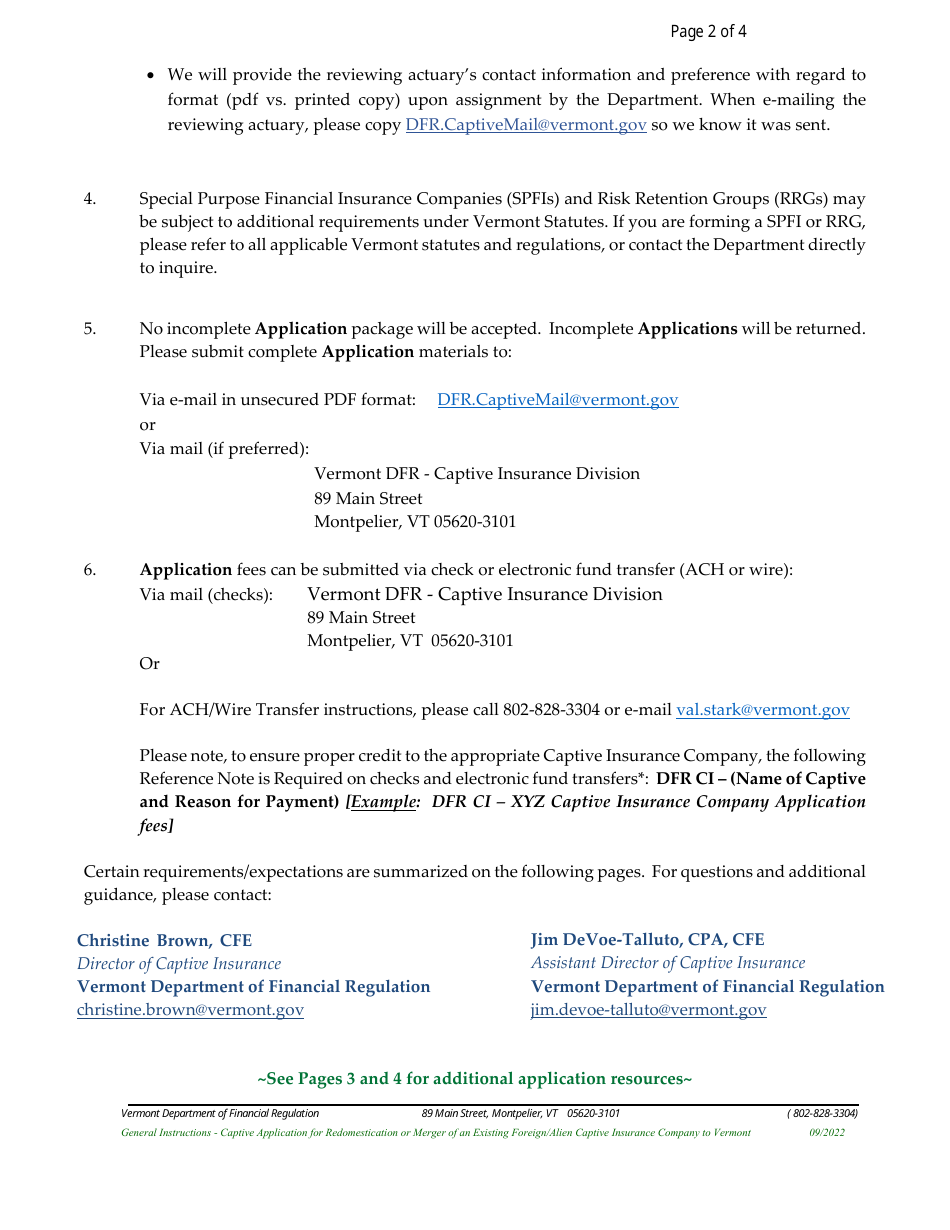 Captive Application for Redomestication or Merger of an Existing Foreign / Alien Captive Insurance Company to Vermont - Vermont, Page 2