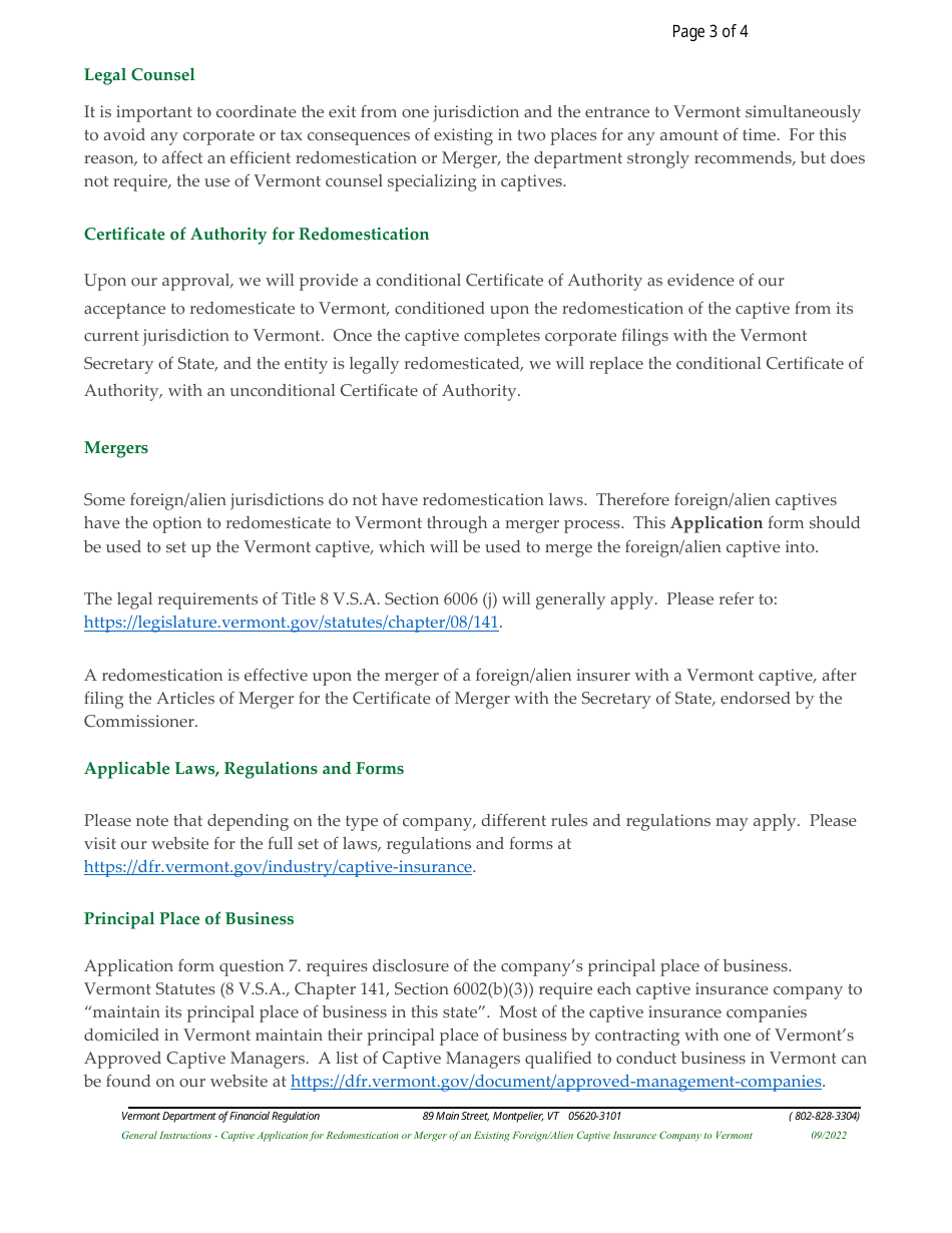 Captive Application for Redomestication or Merger of an Existing Foreign / Alien Captive Insurance Company to Vermont - Vermont, Page 3