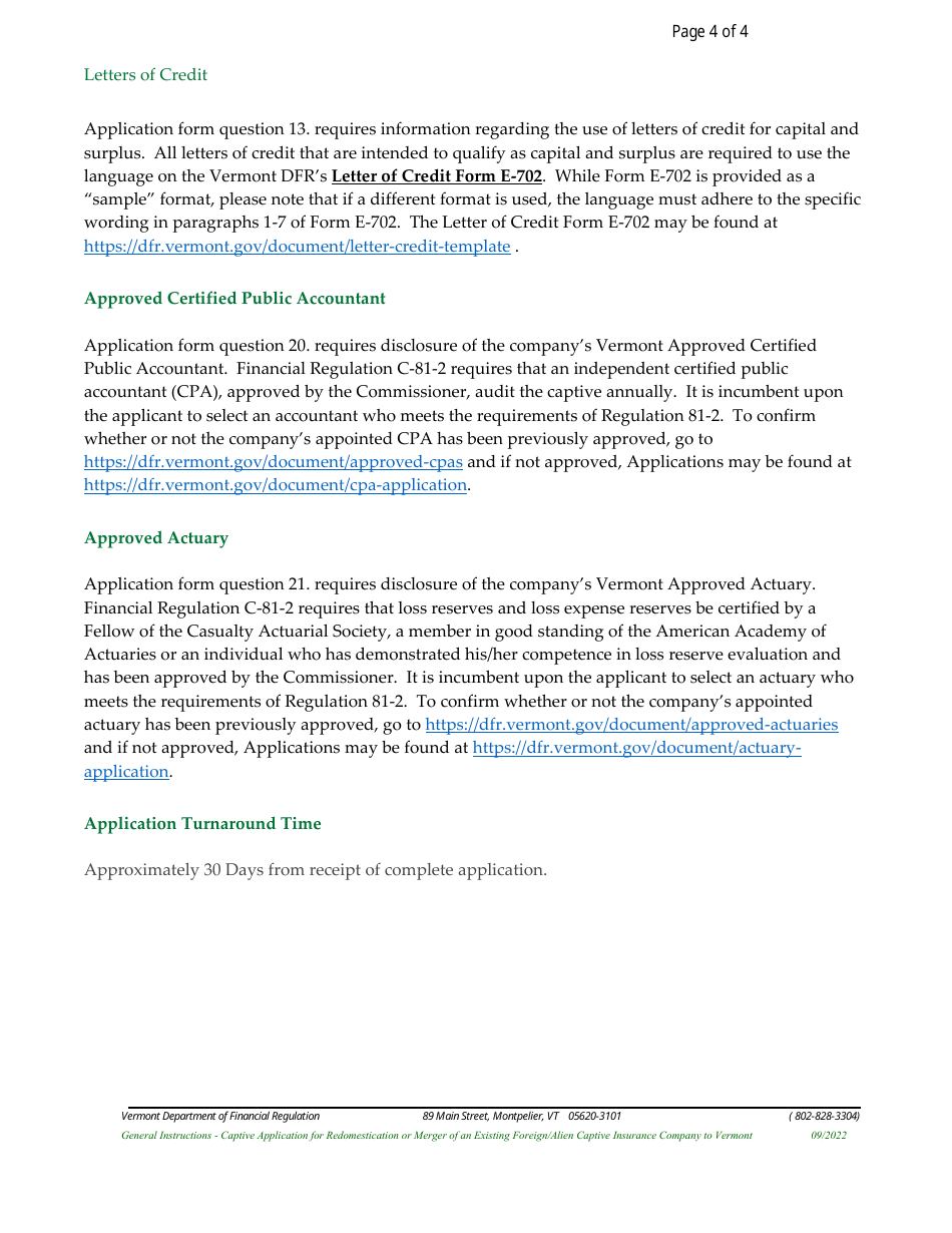 Captive Application for Redomestication or Merger of an Existing Foreign / Alien Captive Insurance Company to Vermont - Vermont, Page 4