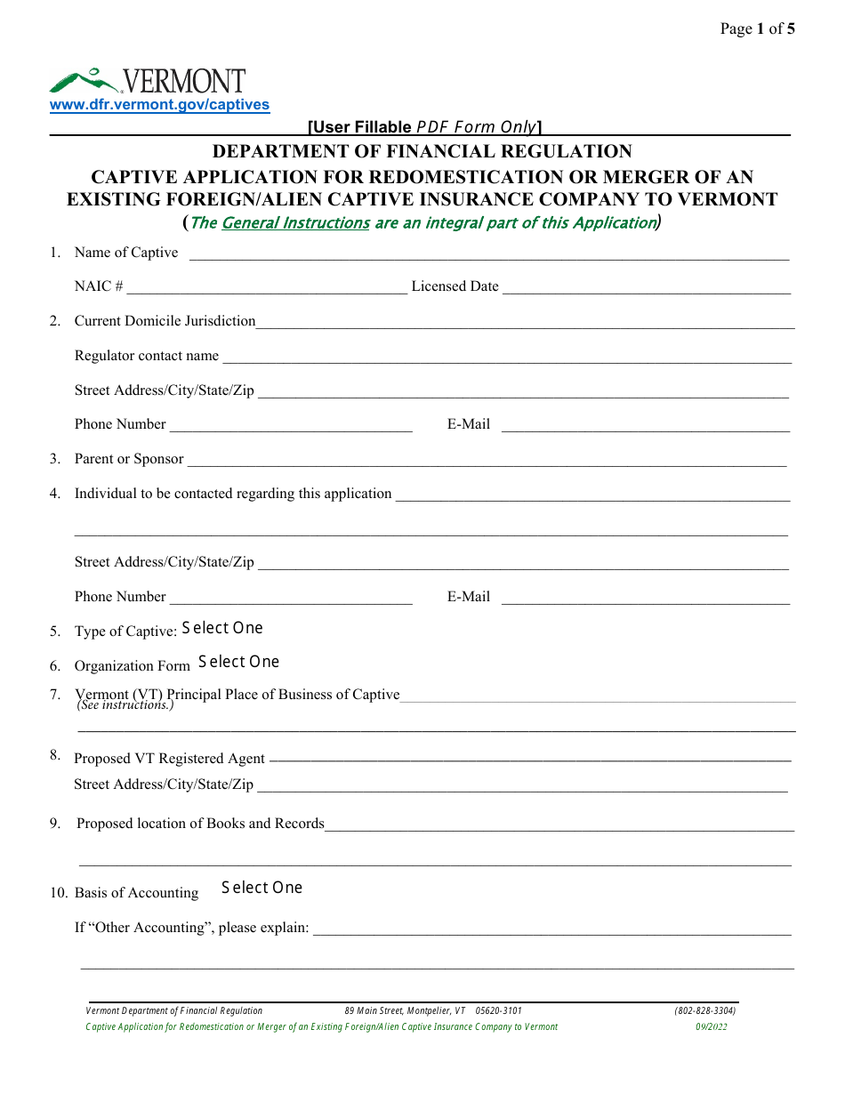 Captive Application for Redomestication or Merger of an Existing Foreign / Alien Captive Insurance Company to Vermont - Vermont, Page 5
