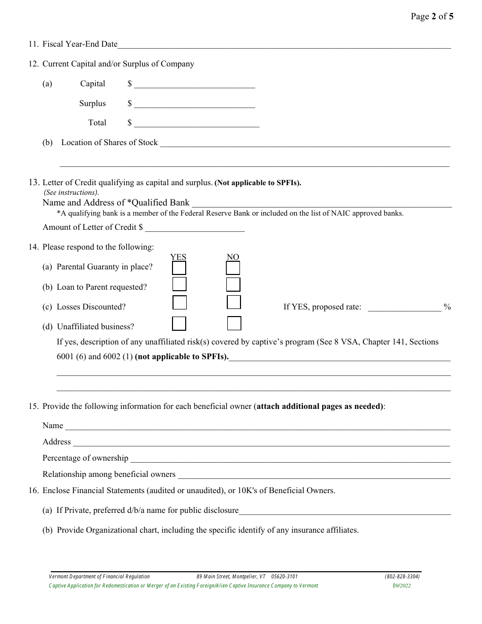 Captive Application for Redomestication or Merger of an Existing Foreign / Alien Captive Insurance Company to Vermont - Vermont, Page 6