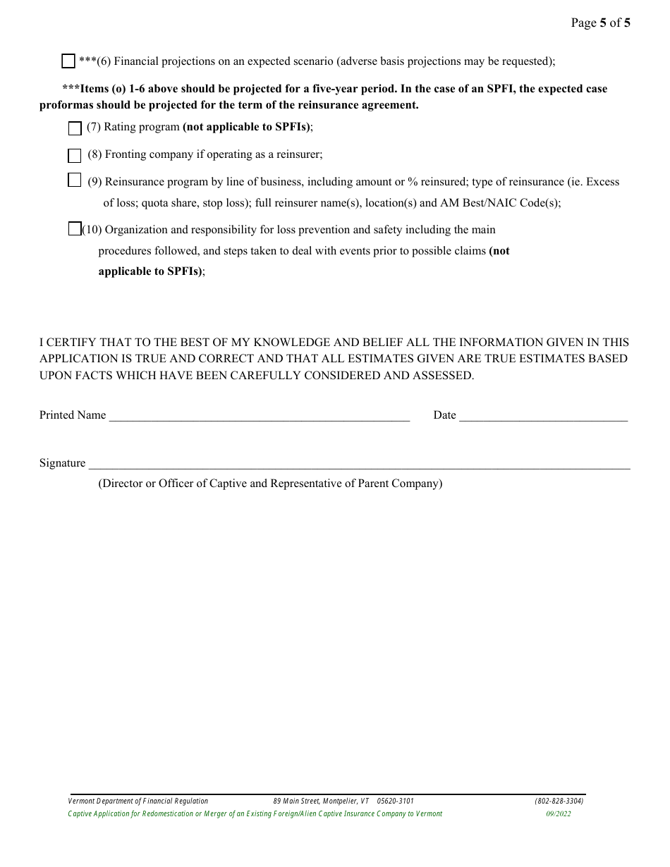 Captive Application for Redomestication or Merger of an Existing Foreign / Alien Captive Insurance Company to Vermont - Vermont, Page 9
