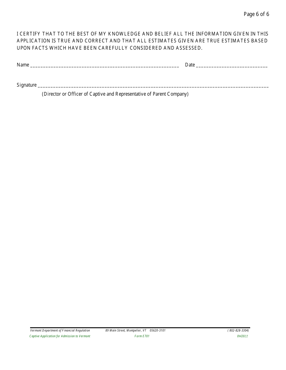 Form E701 Captive Application for Admission to Vermont - Vermont, Page 10
