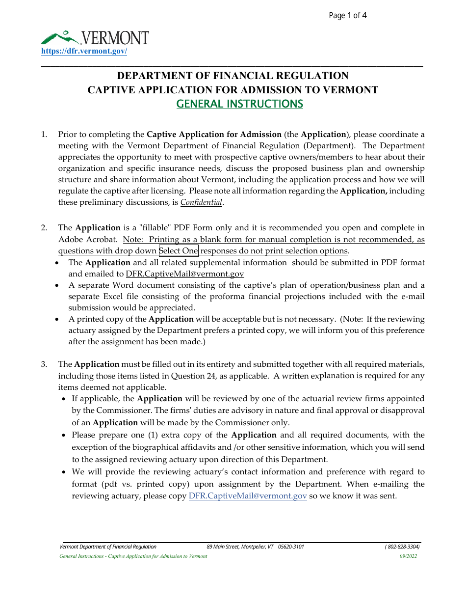 Form E701 Captive Application for Admission to Vermont - Vermont, Page 1
