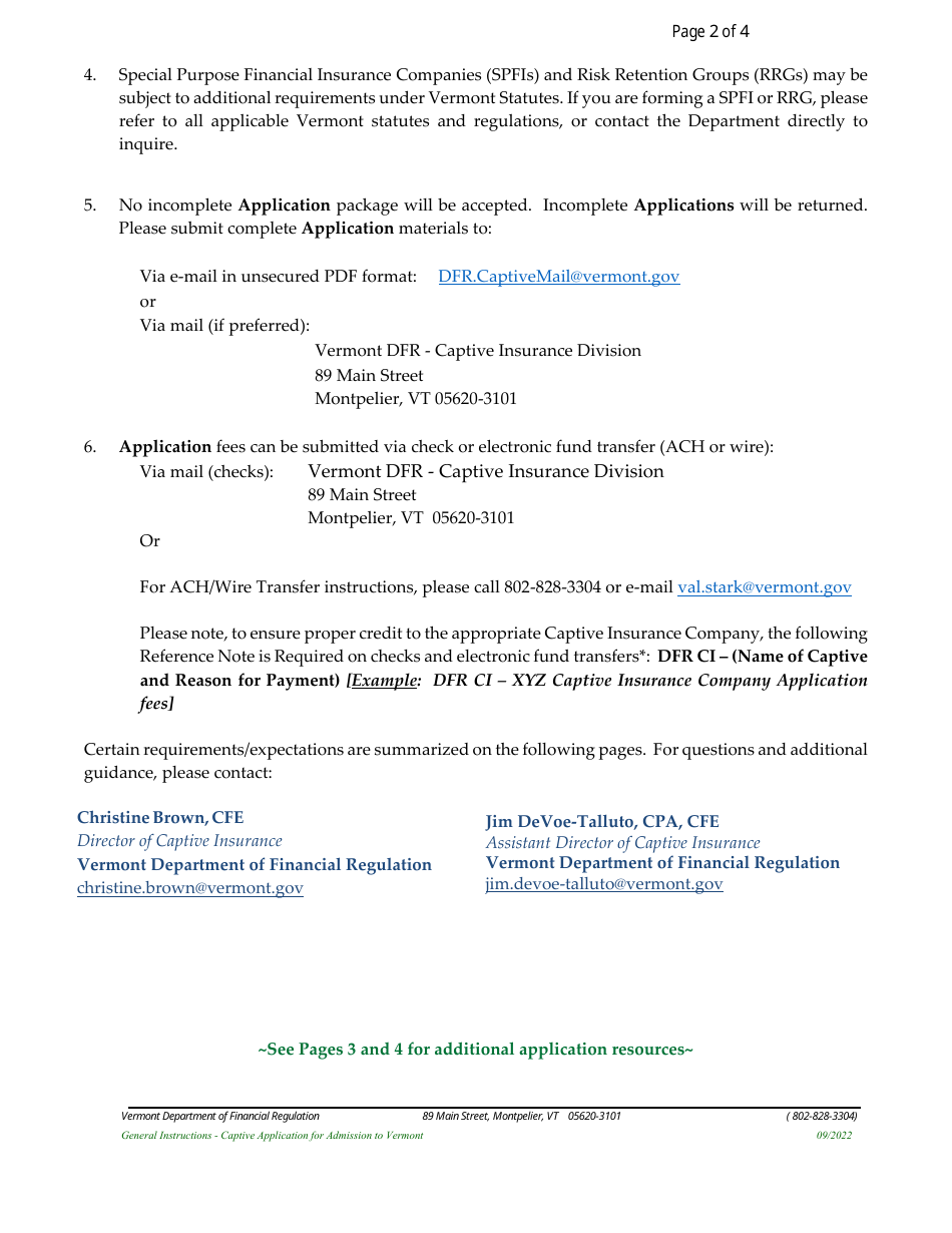 Form E701 Captive Application for Admission to Vermont - Vermont, Page 2